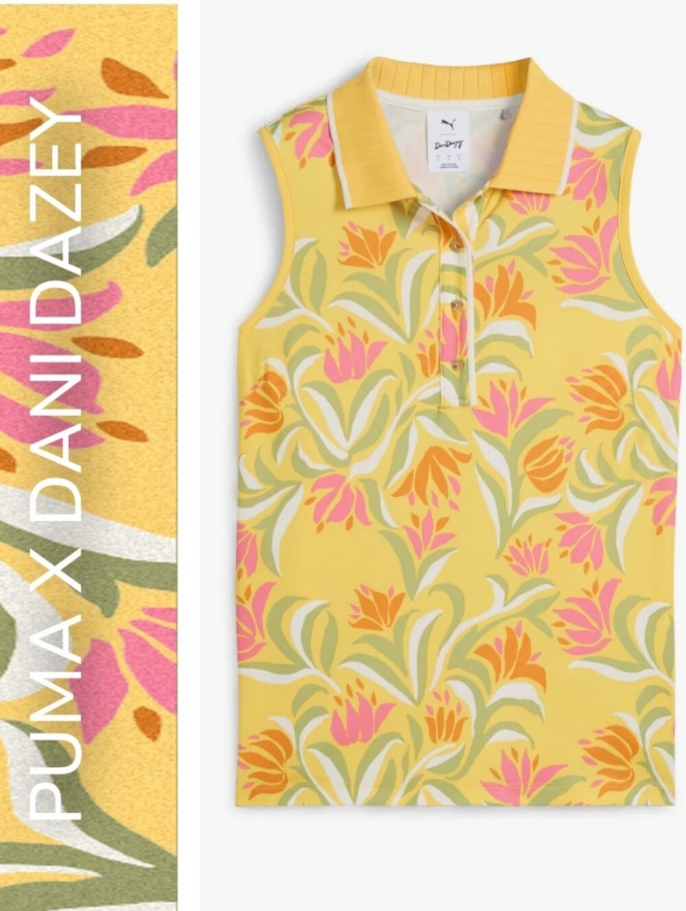 Puma X Dani Dazey Sleeveless Golf Polo Top Retro Floral, Yellow